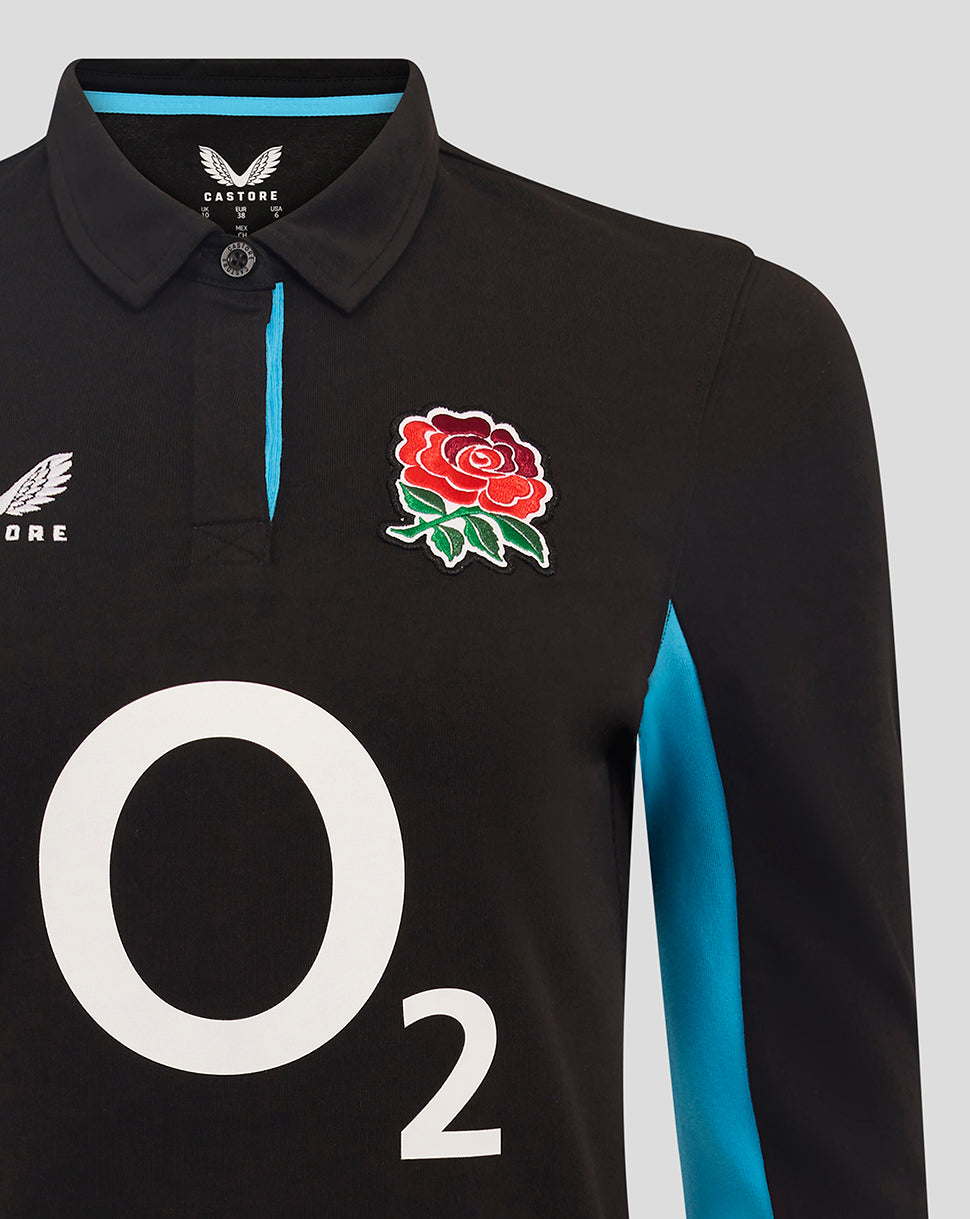 Close-up of black England Rugby alternate long sleeve shirt with rose crest on left chest, O2 logo center front and blue side panels.
