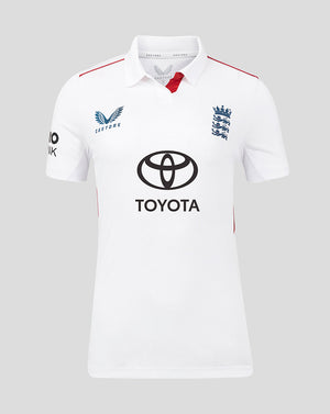 Front view of white England cricket test womens short sleeve shirt with collar and Toyota sponsor logo