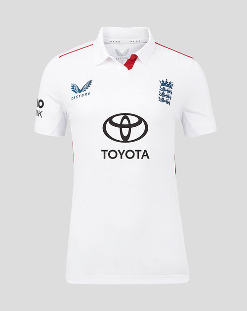 Front view of white England cricket test womens short sleeve shirt with collar and Toyota sponsor logo