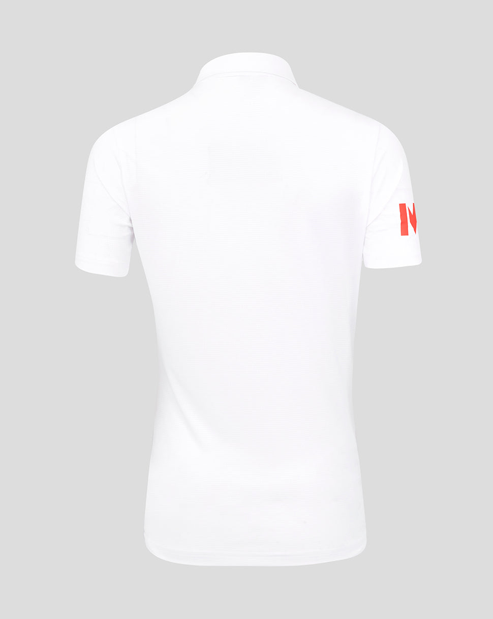 Back view of white England cricket shirt with short sleeves and red shoulder trim