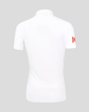Back view of white England cricket shirt with short sleeves and red shoulder trim
