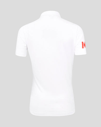 Back view of white England cricket shirt with short sleeves and red shoulder trim