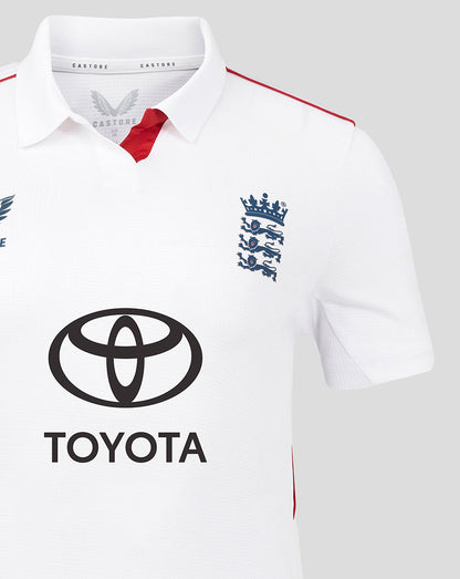 Front view of white England cricket shirt showing team crest and Toyota sponsor logo