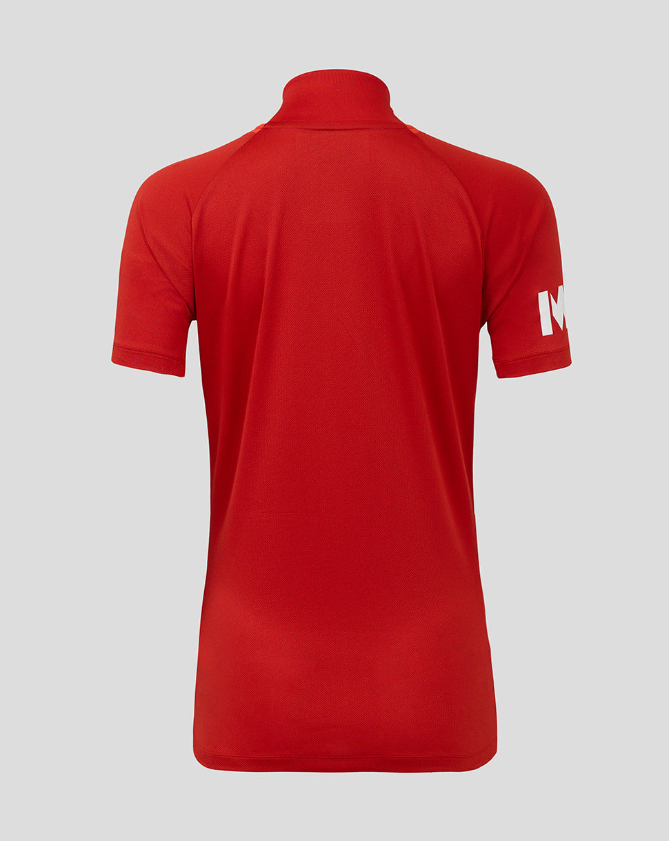 Back view of red England 25/26 T20 shirt highlighting raglan sleeves