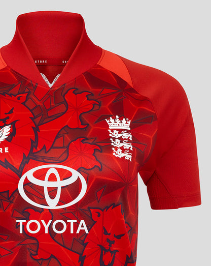 Close-up of red England T20 shirt chest area with V-neck collar and large Toyota logo