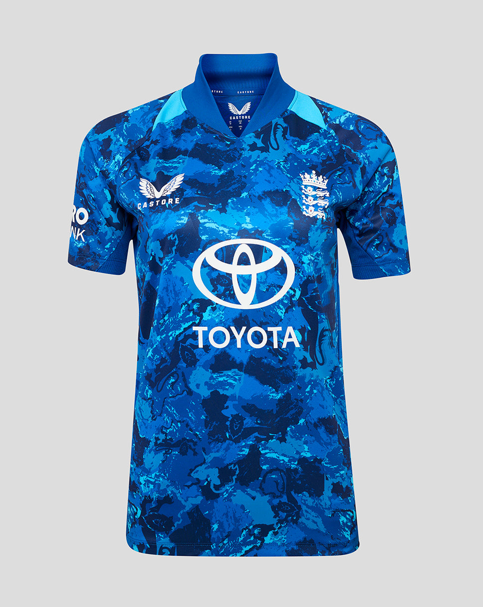 Front view of England ODI women's short sleeve cricket shirt in blue camouflage with Three Lions crest and Toyota sponsor.