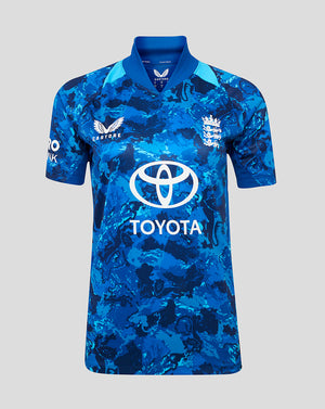 Front view of England ODI women's short sleeve cricket shirt in blue camouflage with Three Lions crest and Toyota sponsor.