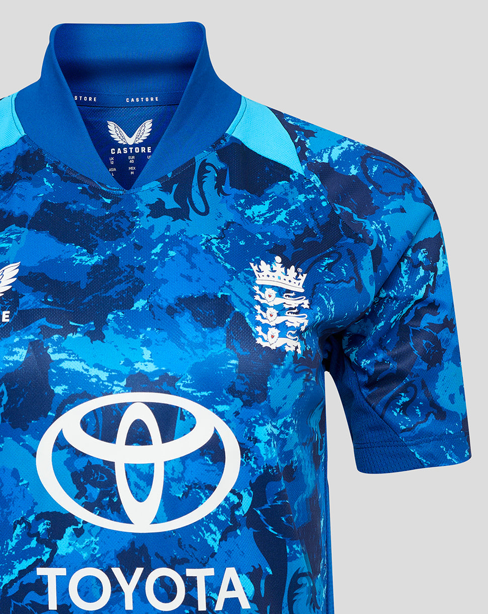 Front view of England ODI Women's Short Sleeve Shirt in blue camouflage with Three Lions crest on the left chest and Toyota logo centered.