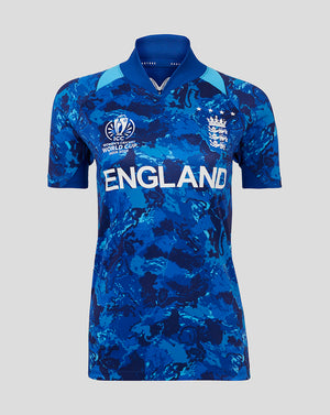 Front view of England ODI World Cup Women's replica shirt in blue with ENGLAND lettering and crest