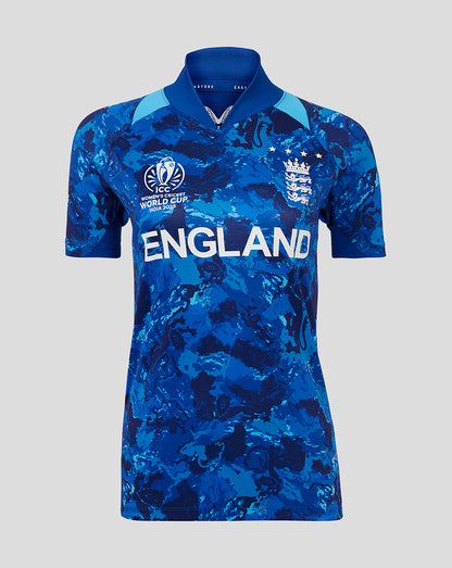 Front view of England ODI World Cup Women's replica shirt in blue with ENGLAND lettering and crest
