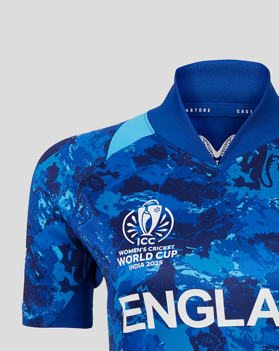 Replica England women's ODI World Cup shirt in blue camouflage with ICC World Cup logo and ENGLAND lettering.
