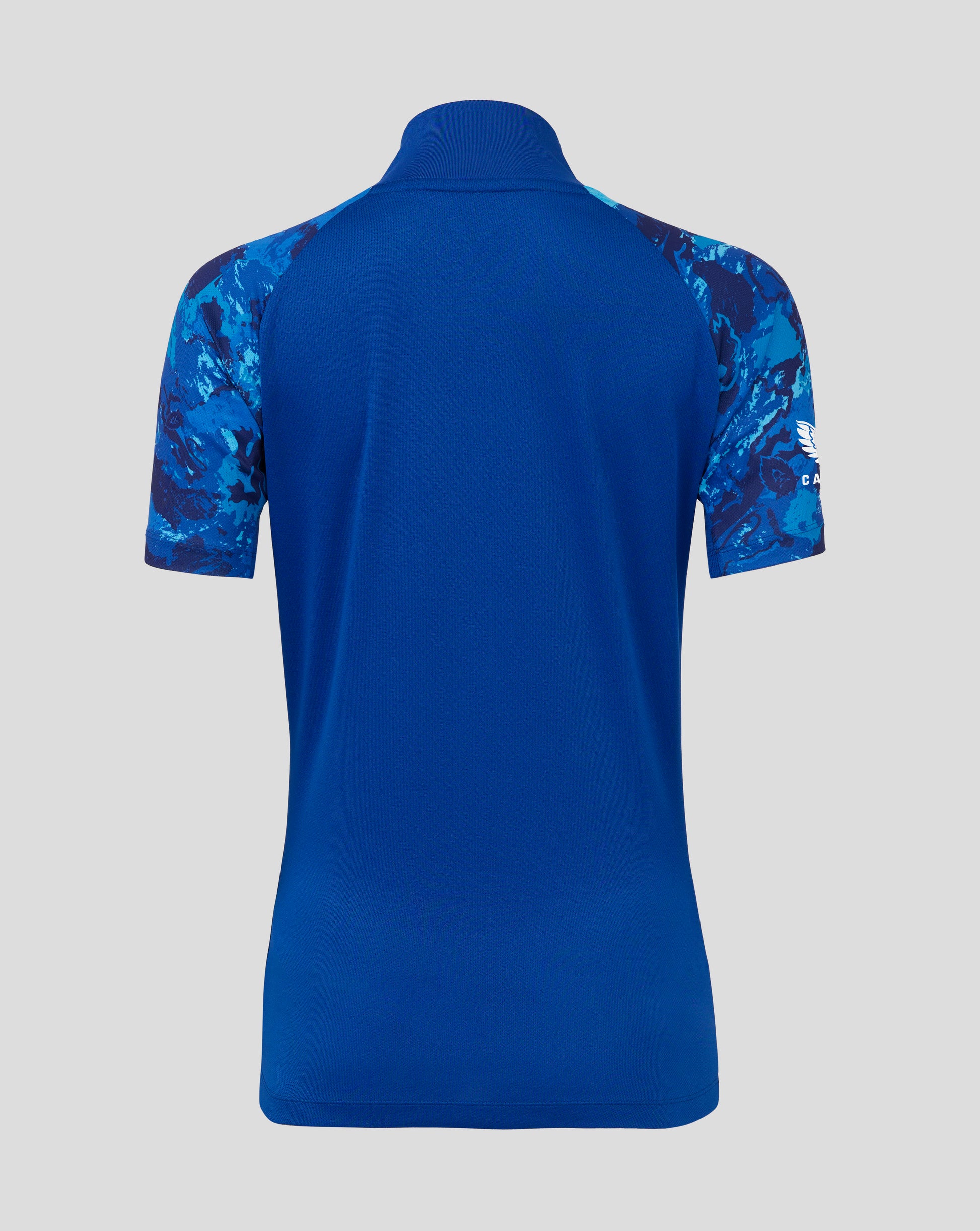 Back view of blue England ODI World Cup women replica shirt with teal shoulder panels
