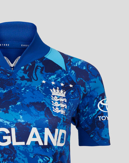 Close up of blue England ODI World Cup women's replica shirt with crest and large ENGLAND lettering