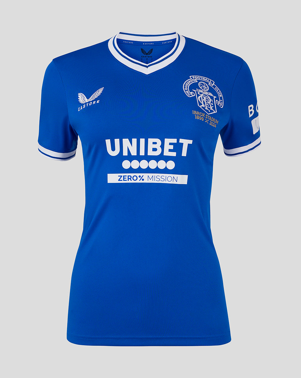 Rangers FC Ibrox 125 Heritage shirt front in blue with crest and UNIBET sponsor
