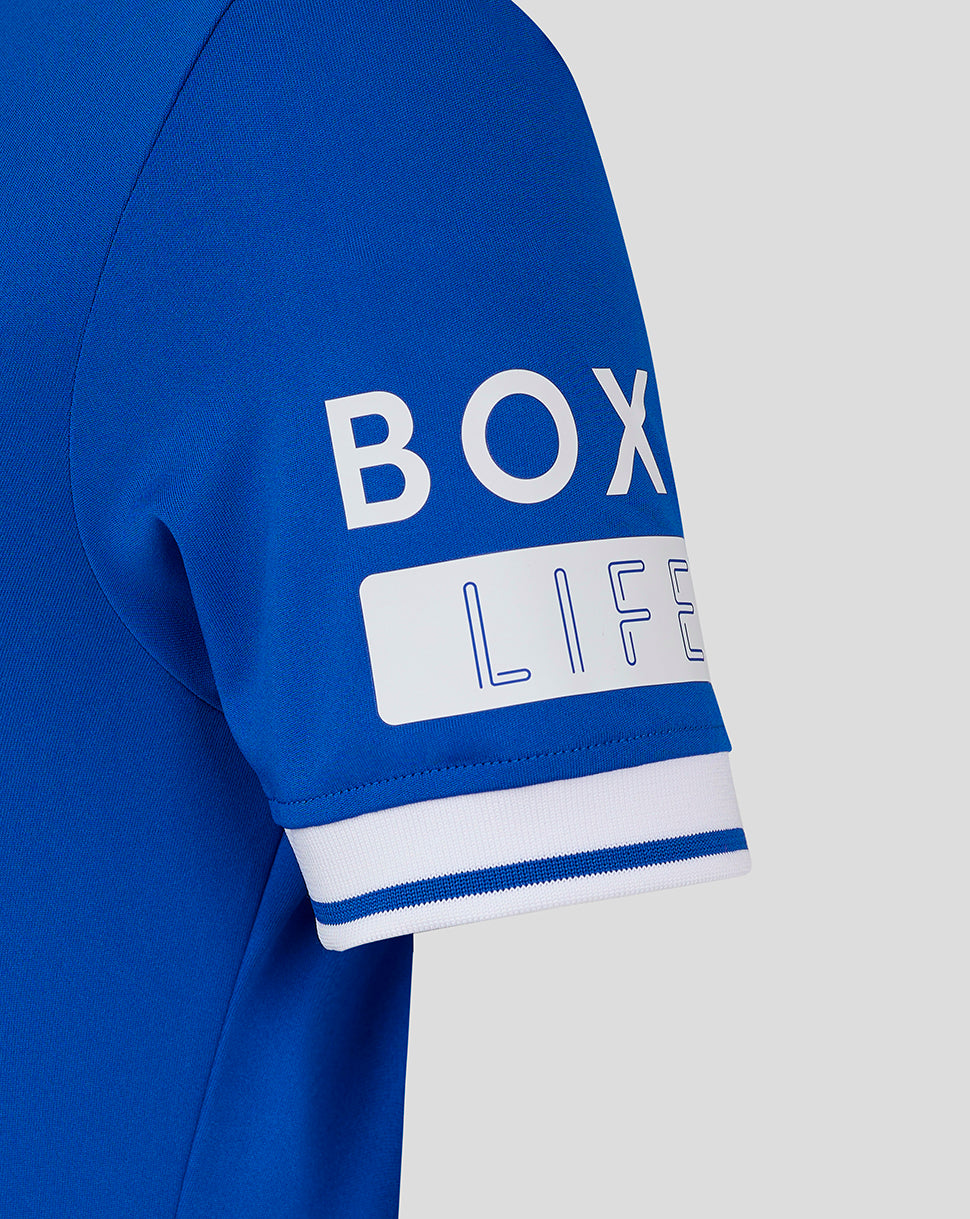 Blue Rangers jersey sleeve close-up with white cuff stripe and BOX LIFE patch