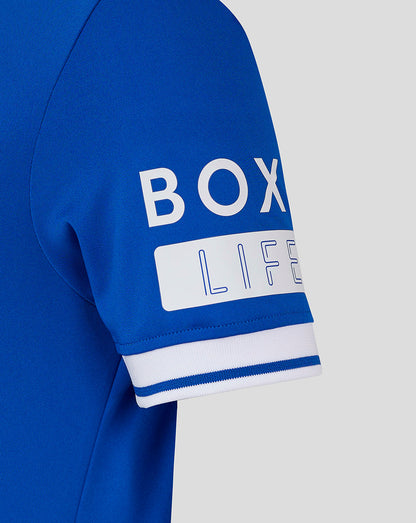 Blue Rangers jersey sleeve close-up with white cuff stripe and BOX LIFE patch