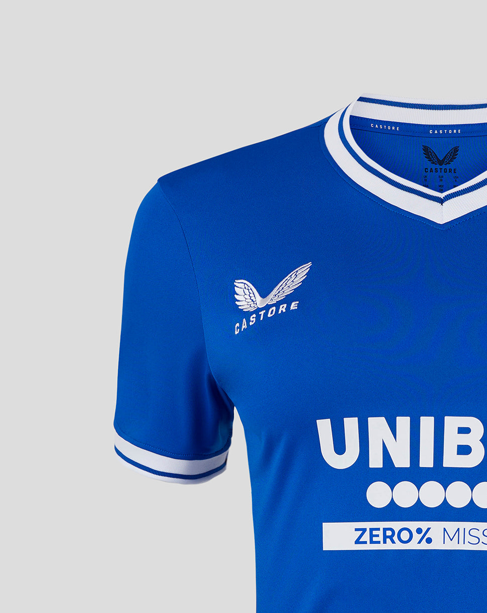 Blue Rangers Ibrox 125 Heritage jersey chest view with white collar trim and UNIBET sponsor across the front