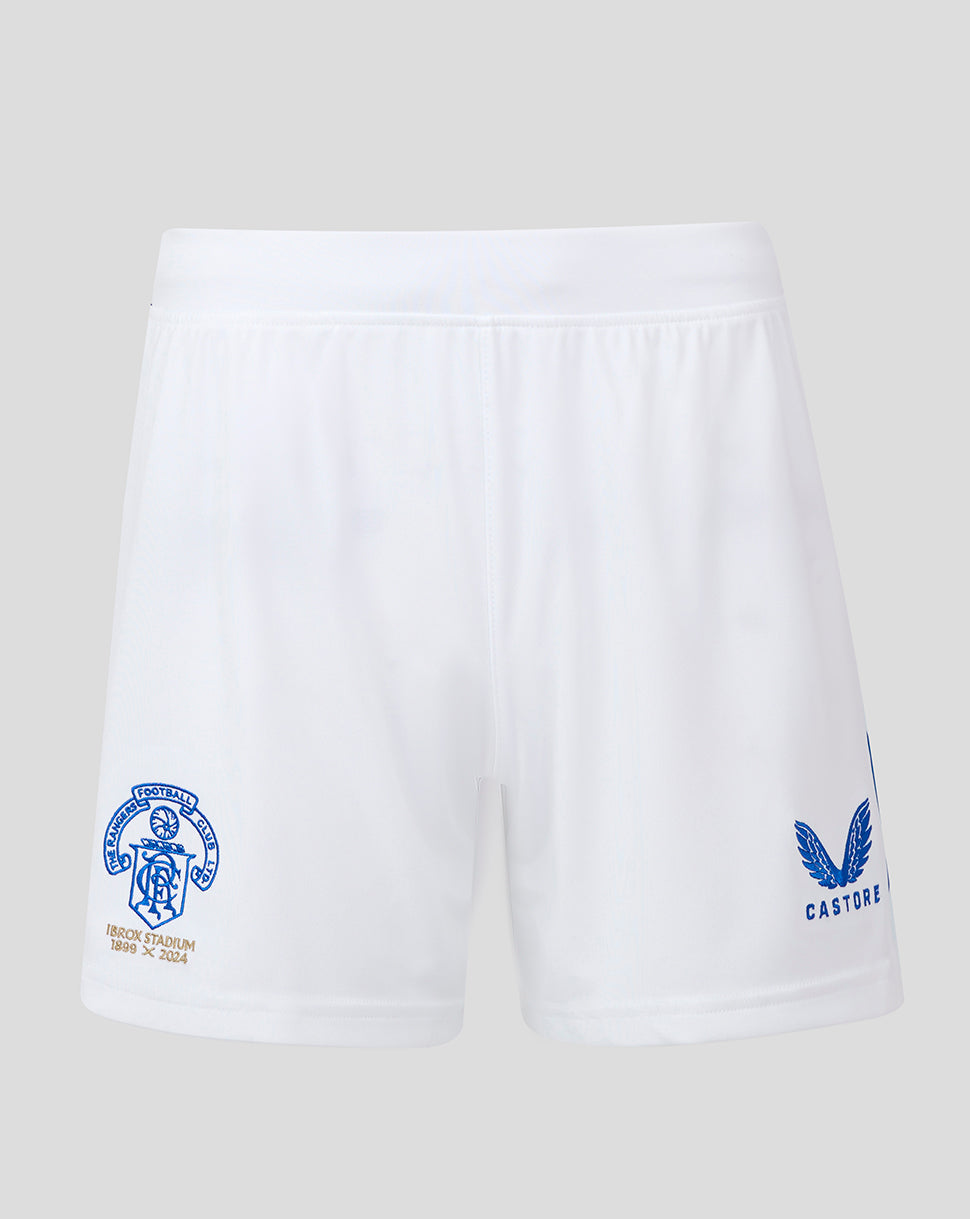 White Rangers FC Ibrox 125 Heritage shorts with crest on the left leg and Castore logo on the right leg