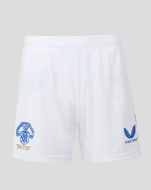 White Rangers FC Ibrox 125 Heritage shorts with crest on the left leg and Castore logo on the right leg