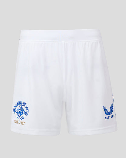 White Rangers FC Ibrox 125 Heritage shorts with crest on the left leg and Castore logo on the right leg