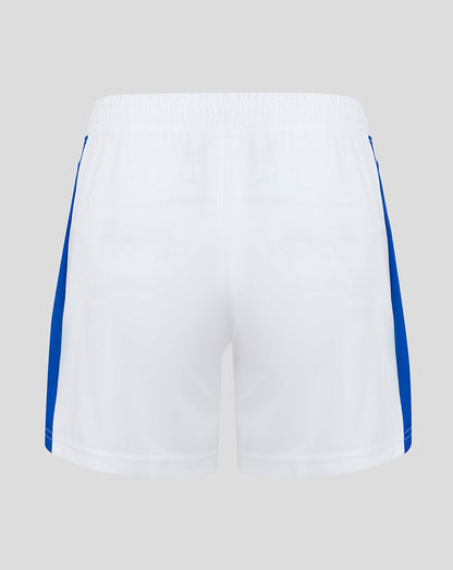White Rangers shorts with royal blue side panels and an elastic waistband