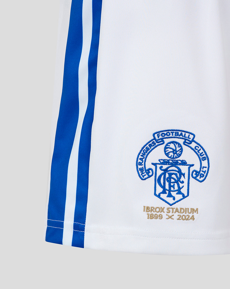 Close up of white Rangers shorts with blue side stripes crest bottom left and gold Ibrox Stadium 1899 x 2024 marking