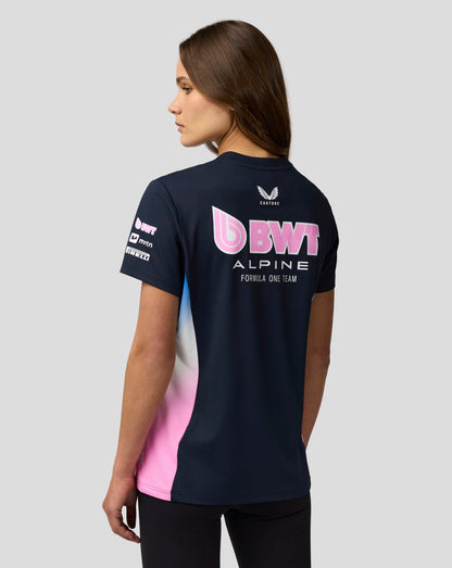 Back view of navy BWT Alpine Set Up T Shirt with large pink BWT logo across the back
