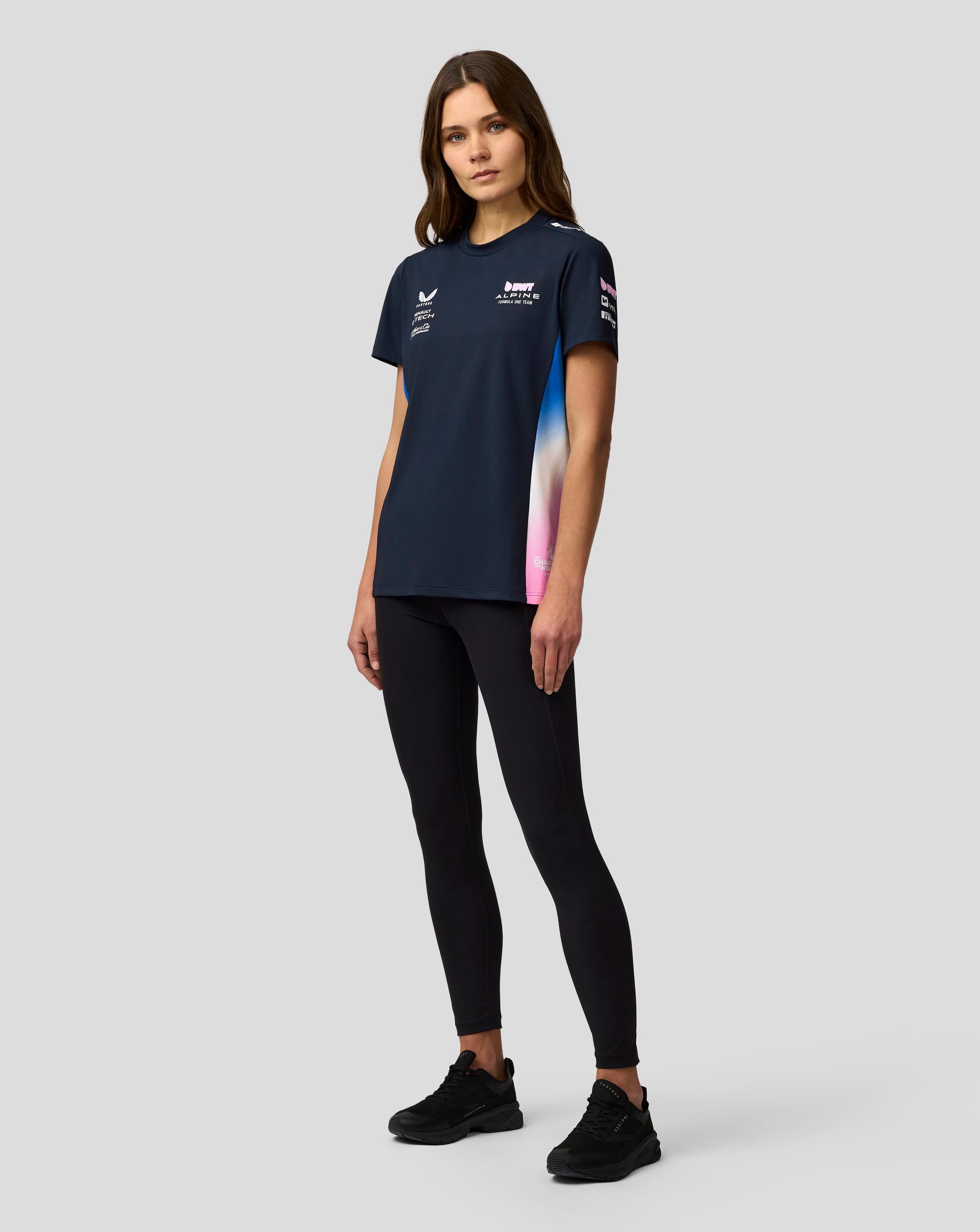 Side back angle of navy BWT Alpine Set Up T Shirt showing branding on back and sleeve