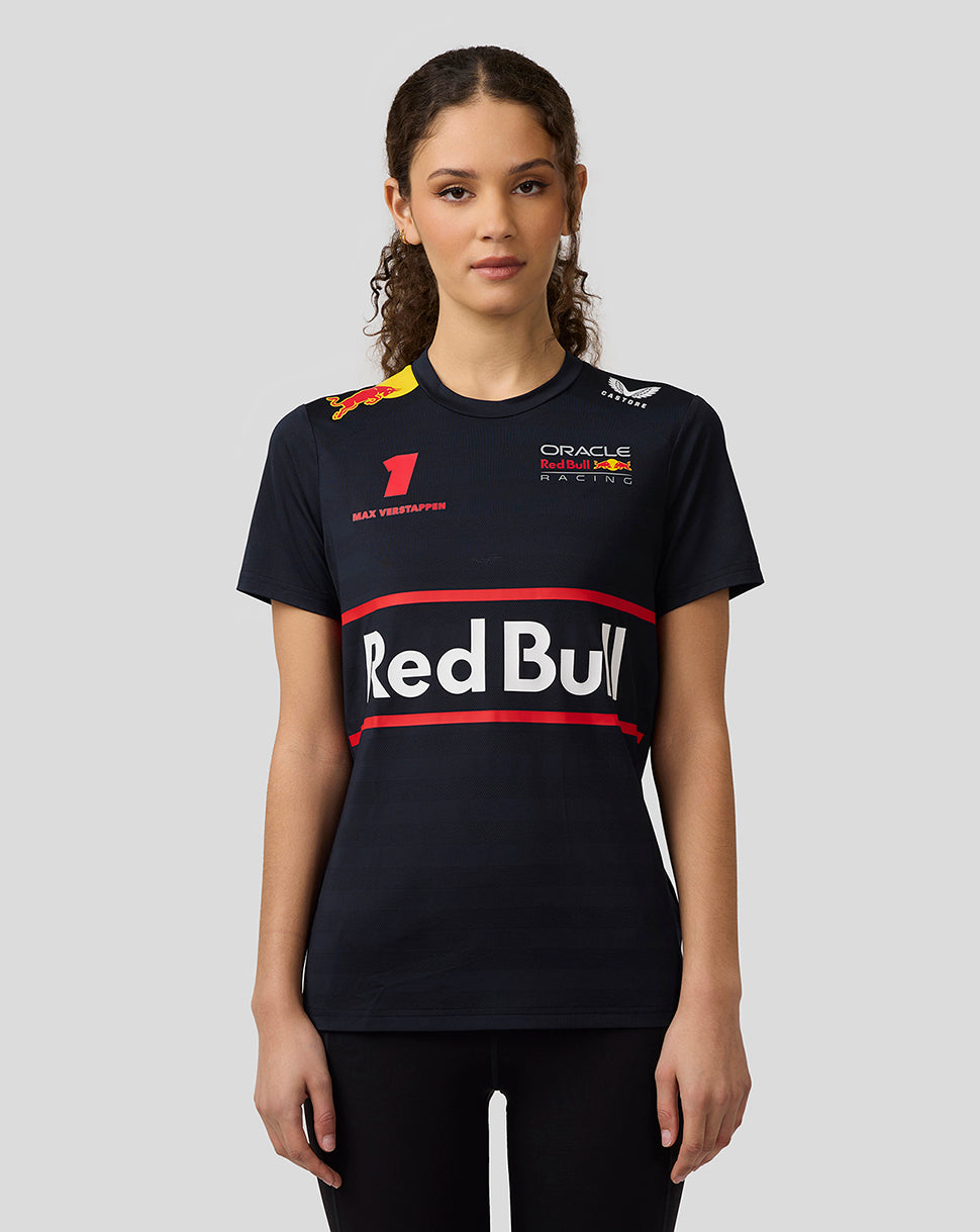 Front angled view of a woman wearing a navy night sky Red Bull Racing T shirt with a bold Red Bull emblem across the chest