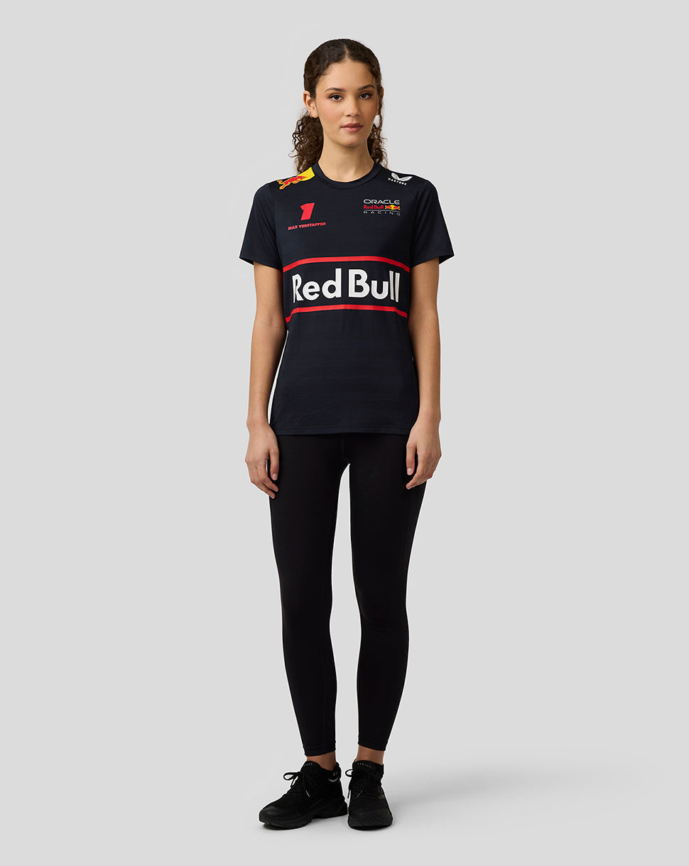 Full-length shot of a female model wearing a navy Oracle Red Bull Racing Womens Teamline Set Up T Shirt.