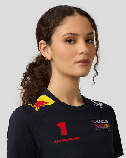 Close-up of a female model wearing a navy Oracle Red Bull Racing Womens Teamline T Shirt showing Max Verstappen artwork and driver number on the chest.