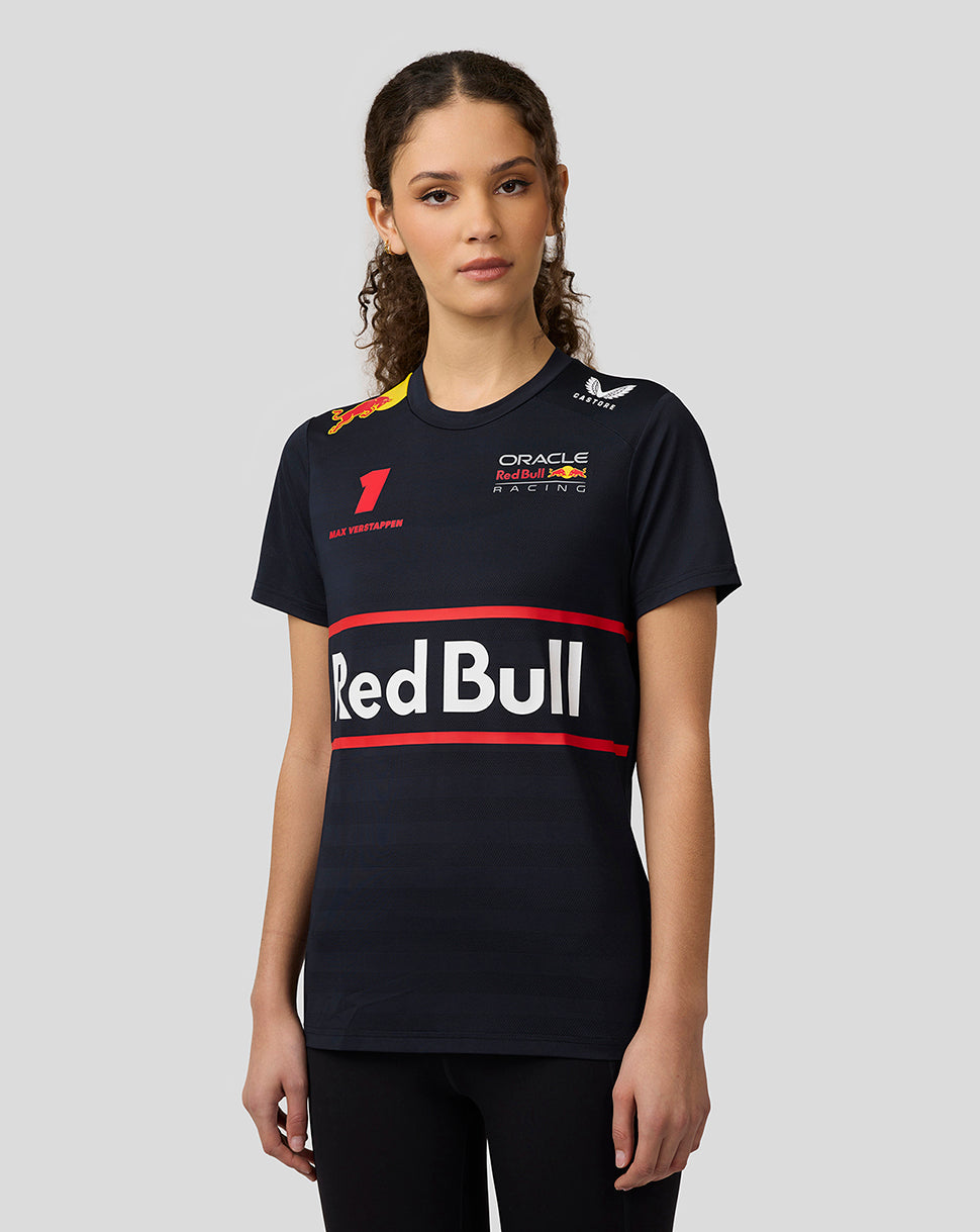 Front view of a woman wearing a navy night sky Oracle Red Bull Racing T shirt with a large Red Bull graphic on the chest