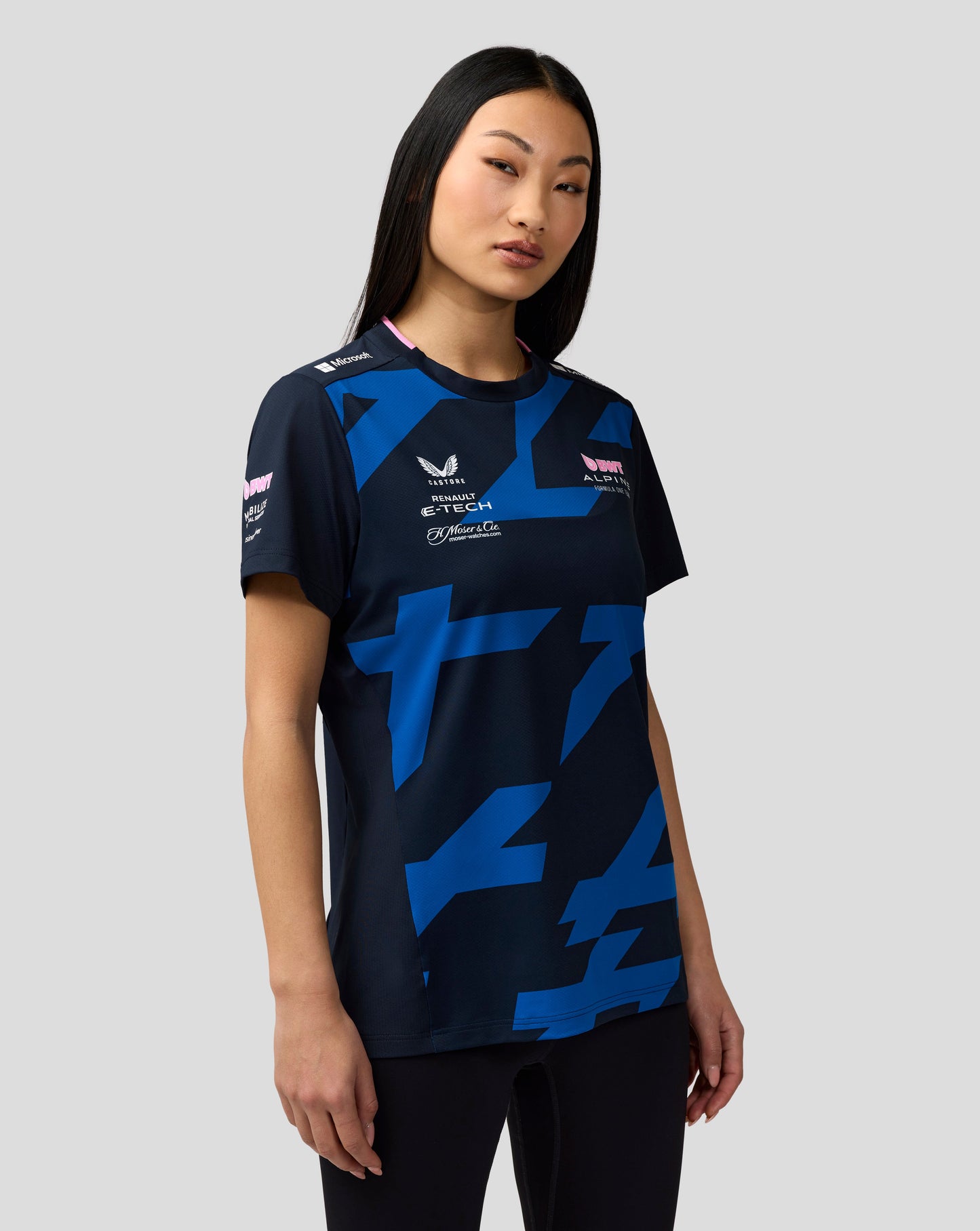 Front view of navy BWT Alpine Pierre Gasly driver jersey with blue geometric pattern and sponsor logos.