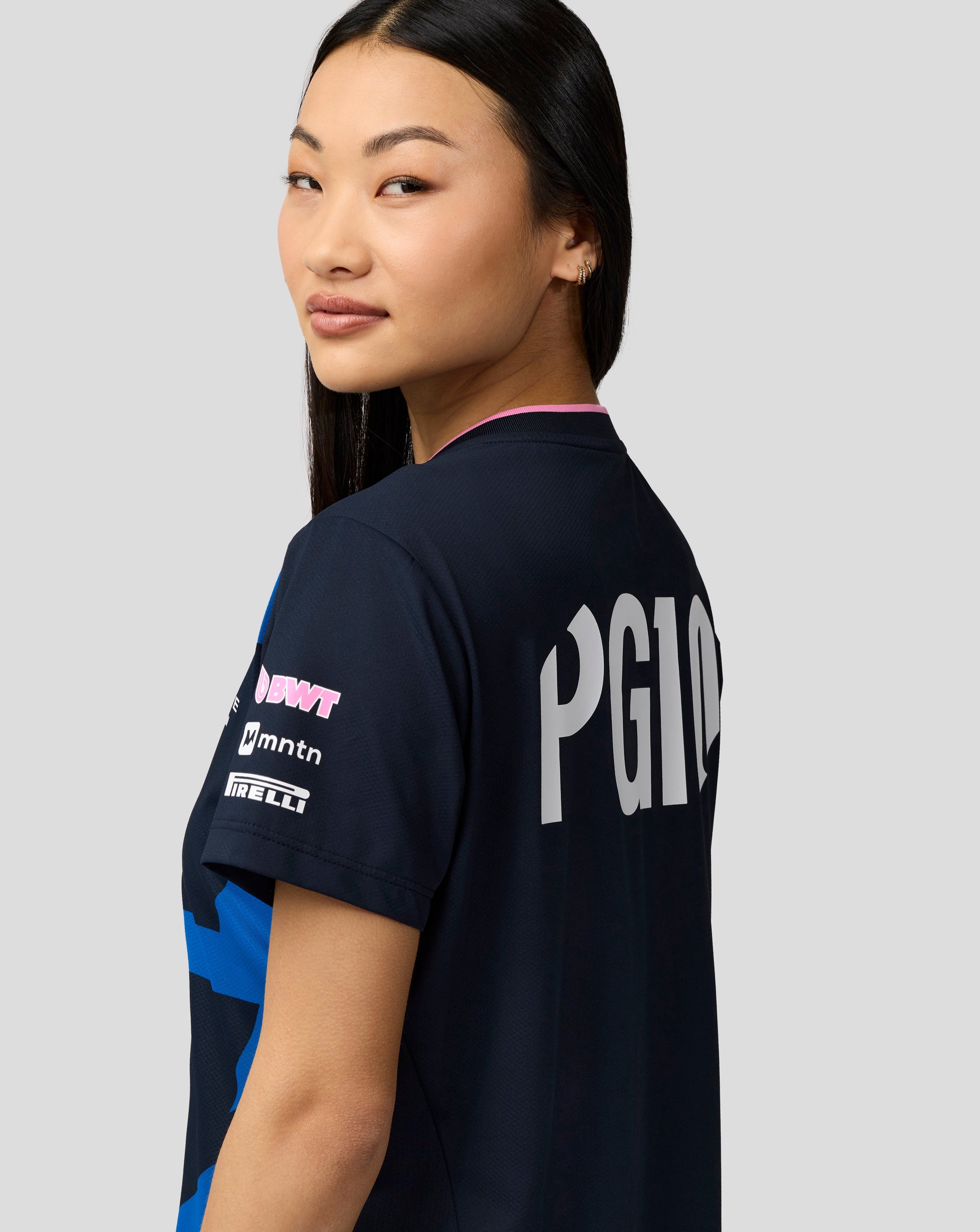 Navy BWT Alpine Women Driver Jersey seen from back with large white GASLY lettering