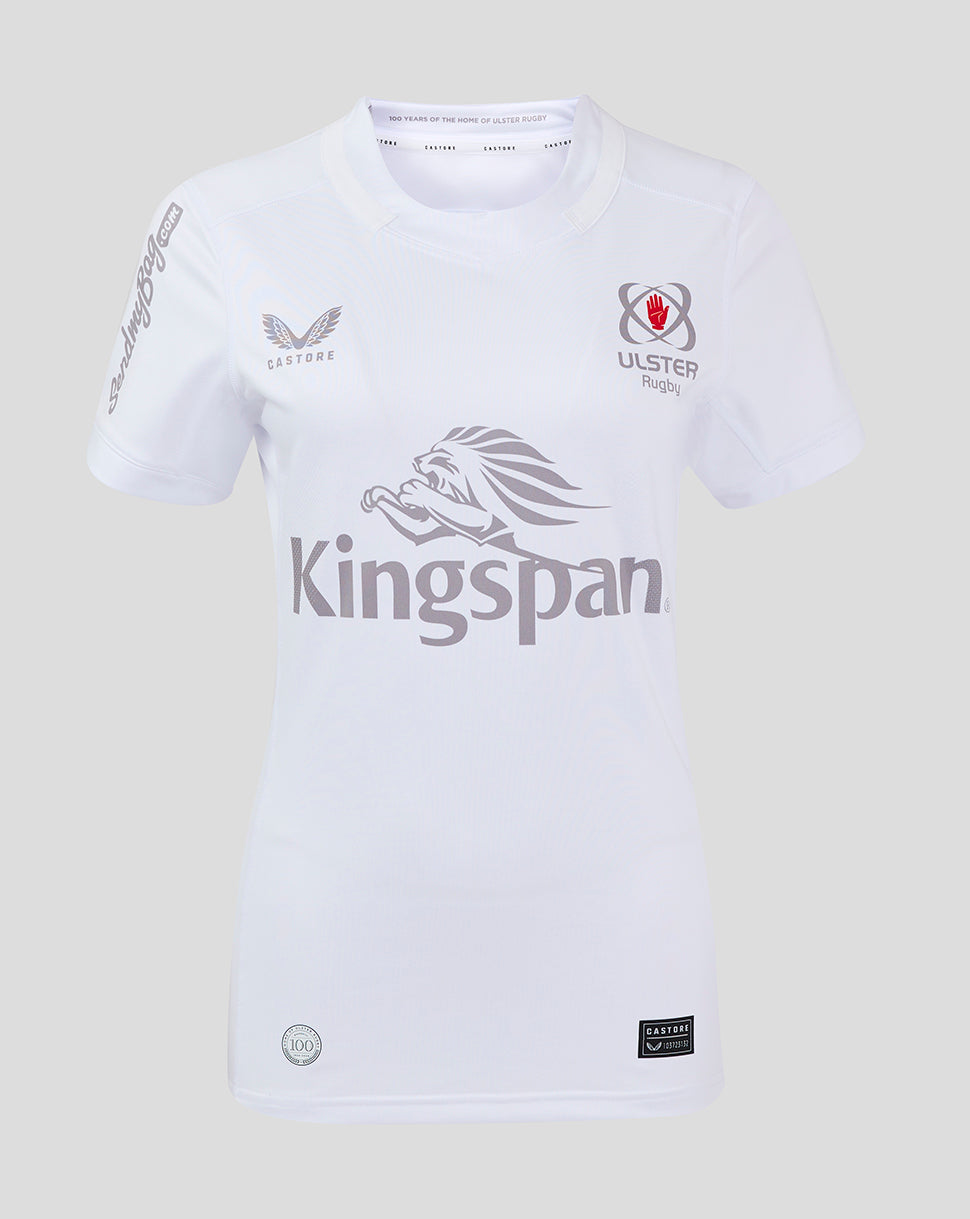 White Ulster Women's 24/25 Home Pro Shirt with Kingspan sponsor across the front and Ulster Rugby crest on the chest