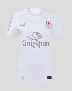 White Ulster Women's 24/25 Home Pro Shirt with Kingspan sponsor across the front and Ulster Rugby crest on the chest