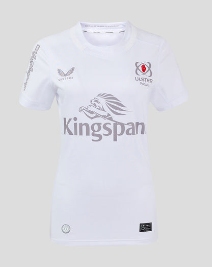 White Ulster women's 24/25 home pro shirt front view with Kingspan sponsor and Ulster Rugby crest