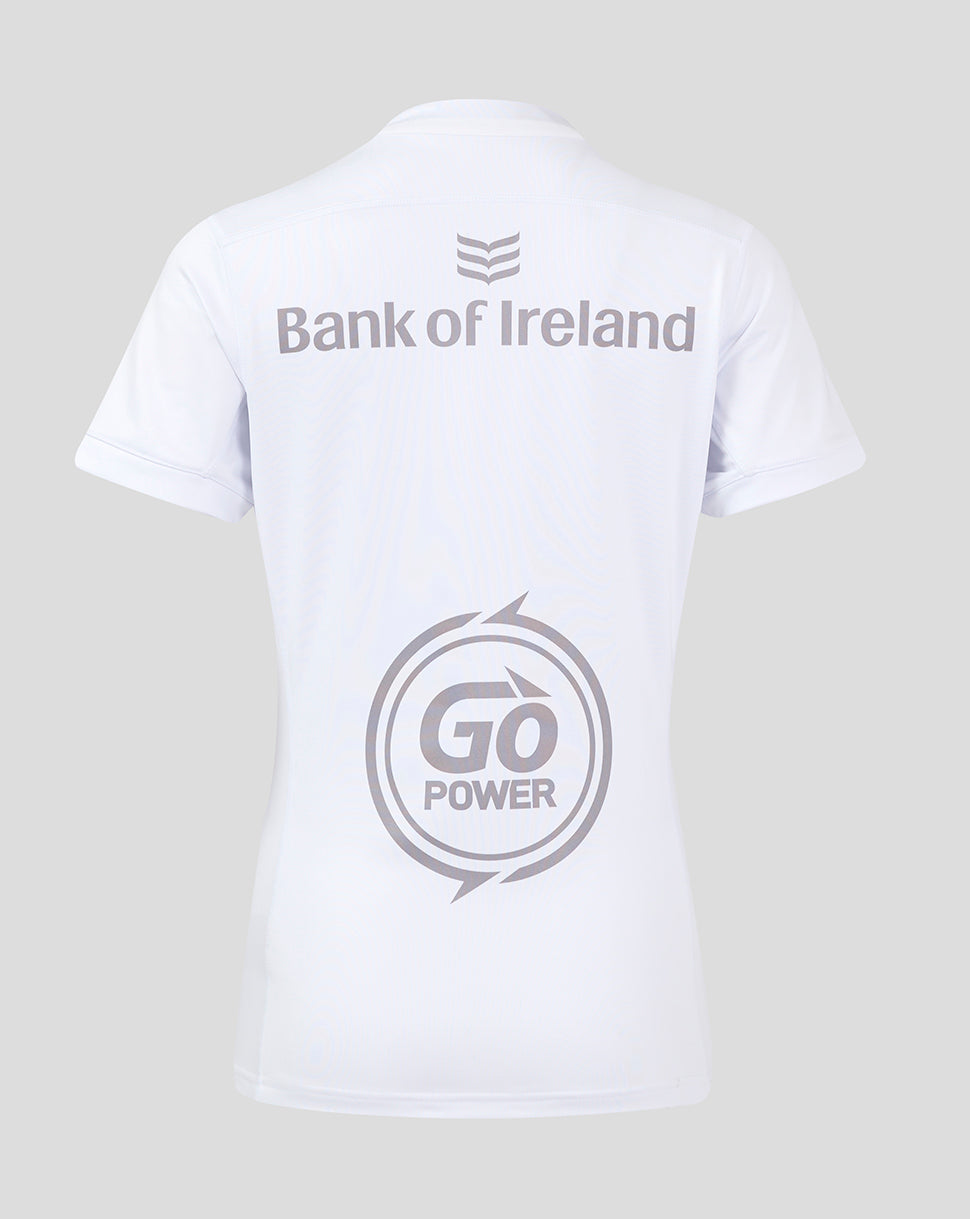 Back view of the white Ulster women's 24/25 home pro shirt showing Bank of Ireland logo and Go Power graphic