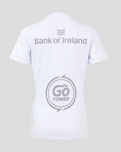 Back view of the white Ulster women's 24/25 home pro shirt showing Bank of Ireland logo and Go Power graphic