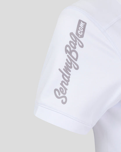 Close-up of the sleeve with diagonal printed branding on white fabric