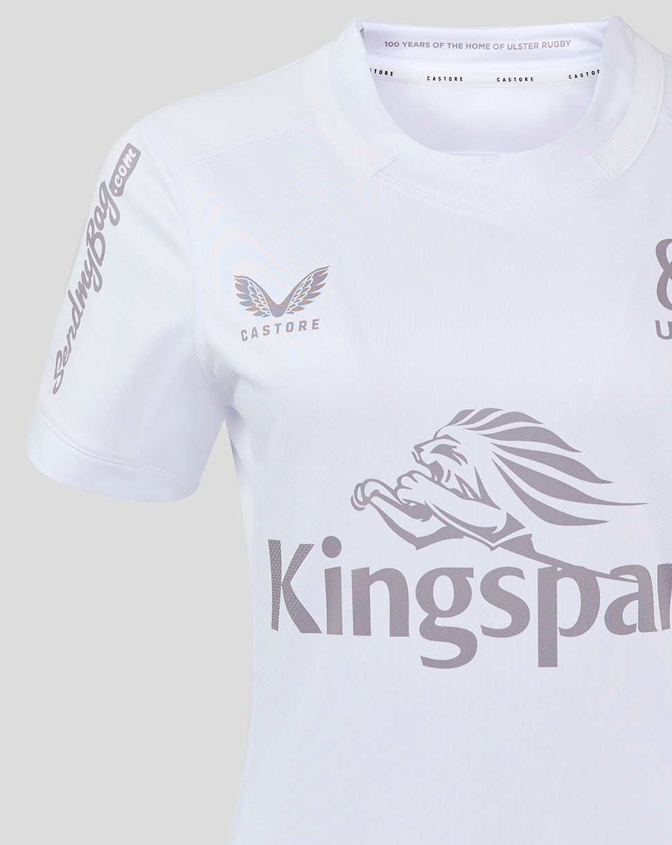 Close-up of left chest showing Castore logo and wing emblem on white Ulster rugby shirt