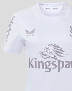 Close-up of left chest showing Castore logo and wing emblem on white Ulster rugby shirt
