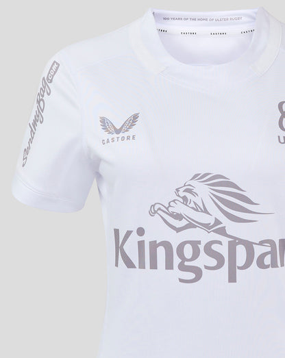 Close-up of left chest showing Castore logo and wing emblem on white Ulster rugby shirt