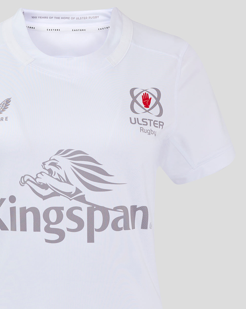 Front close-up of white shirt with large Kingspan graphic across the chest