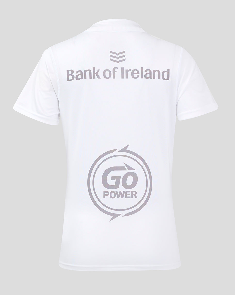 Back view of a white Ulster Women's 24/25 Home Shirt featuring Bank of Ireland branding and a Go Power graphic.