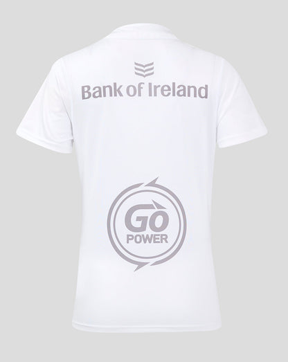 Back view of a white Ulster Women's 24/25 Home Shirt featuring Bank of Ireland branding and a Go Power graphic.