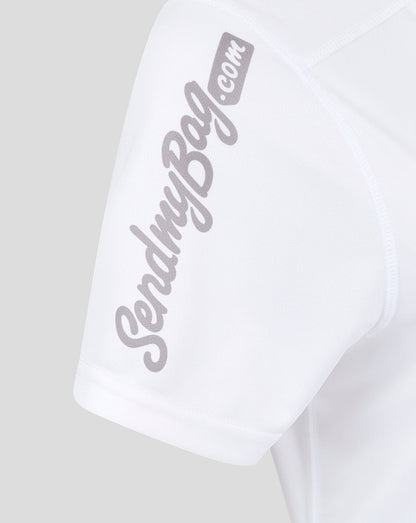 Close-up of the sleeve on a white Ulster shirt showing a large scripted sponsor logo.