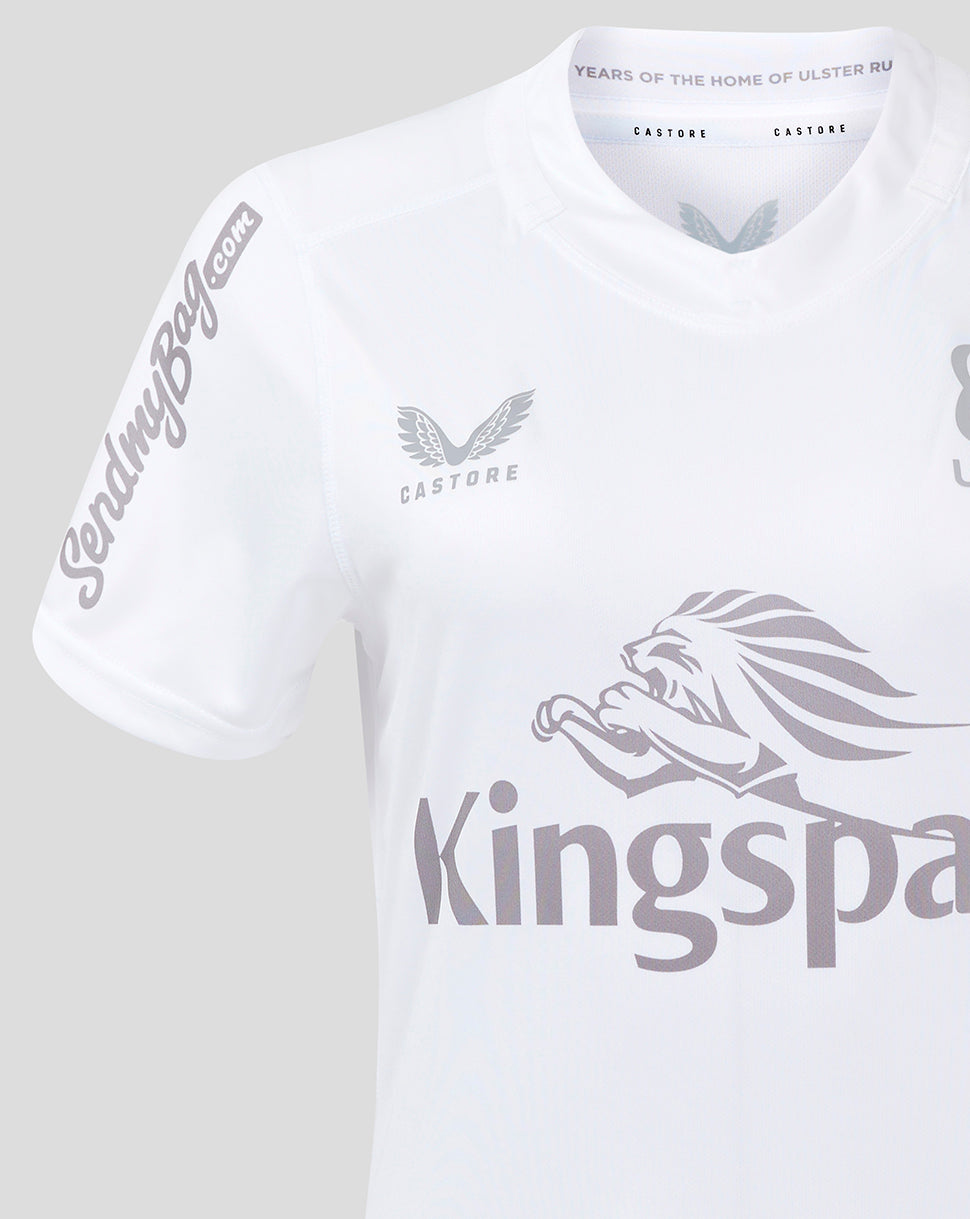 Close up of white Ulster rugby shirt showing Kingspan sponsor across the chest and Castore branding