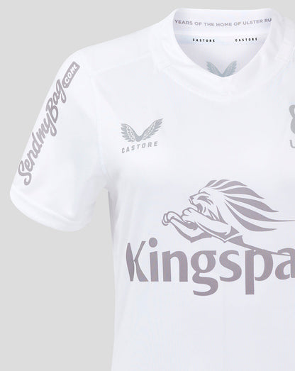 Close up of white Ulster rugby shirt showing Kingspan sponsor across the chest and Castore branding