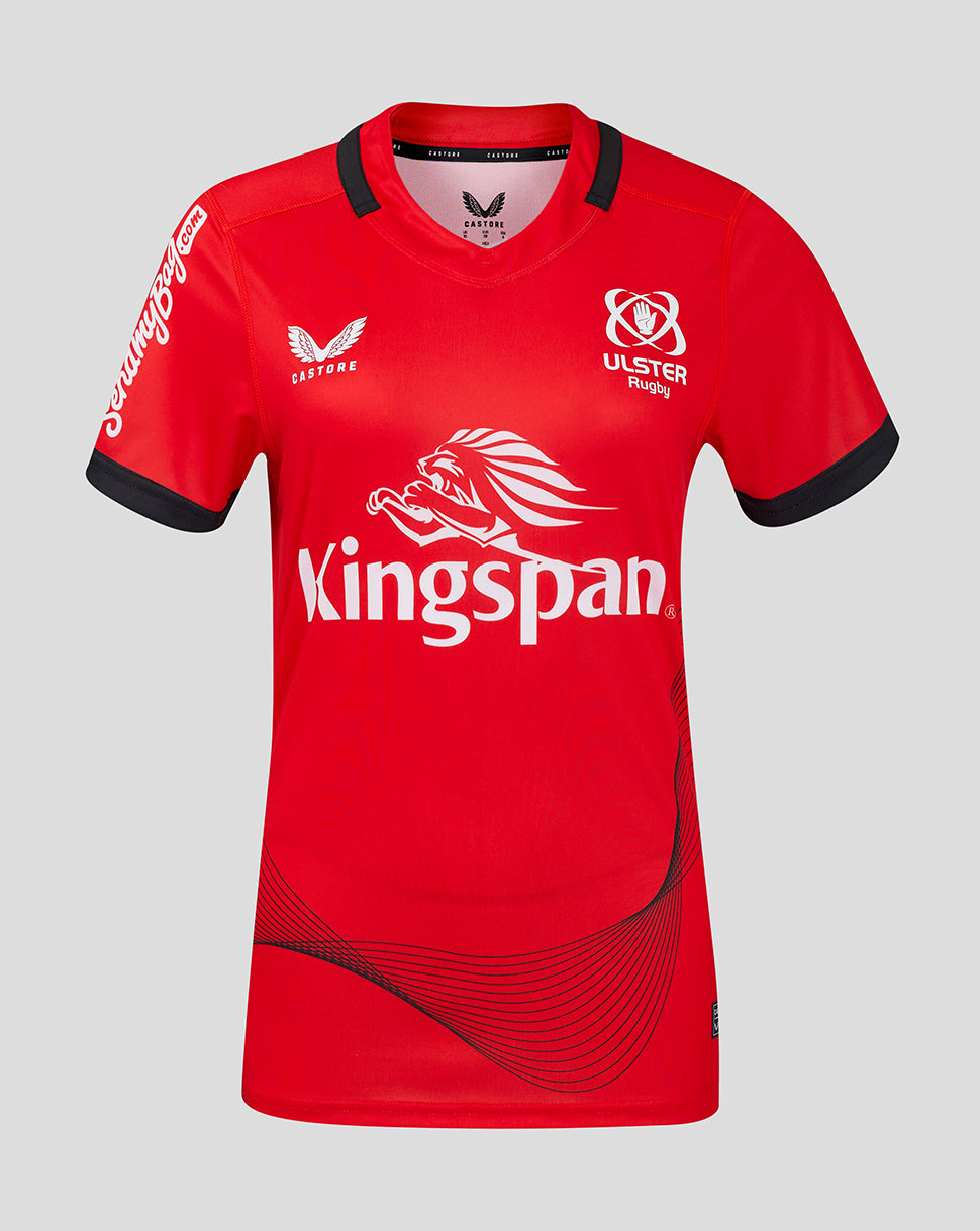 Front view of red Ulster Womens Away jersey with white Kingspan sponsor and Ulster Rugby crest.